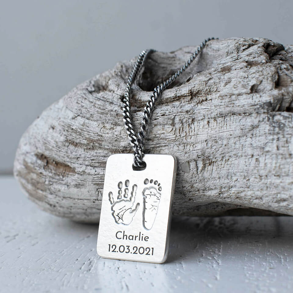 baby handprint and footprint dog tag necklace for dad