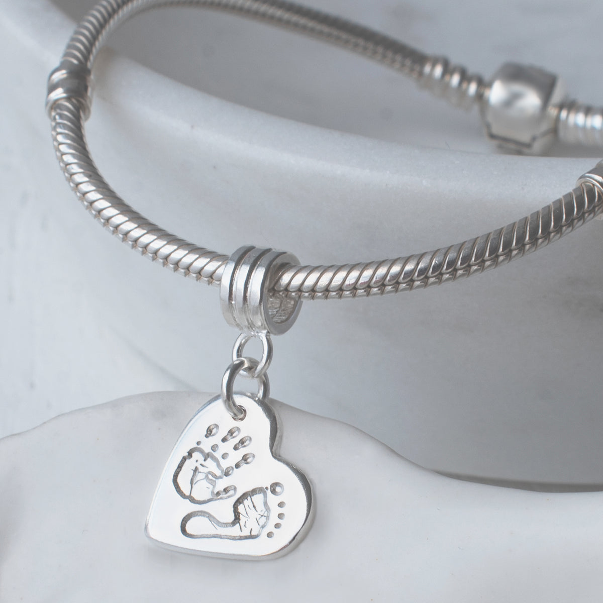 Baby&#39;s Handprint and Footprint Heart Charm with Carrier Bead (fits pandora style jewellery)