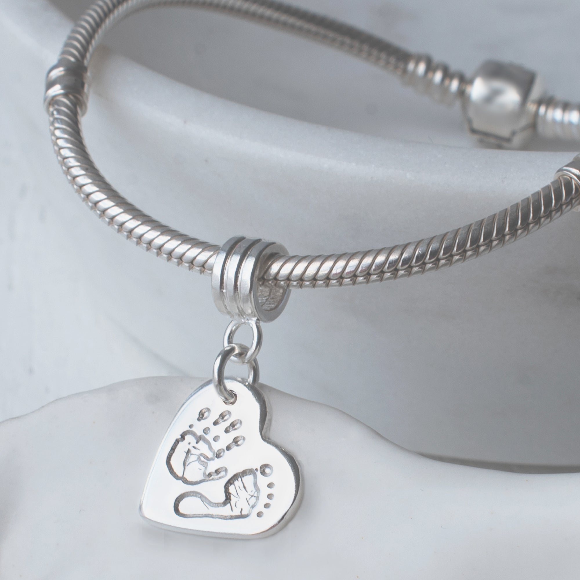 Baby's Handprint and Footprint Heart Charm with Carrier Bead (fits pandora style jewellery)