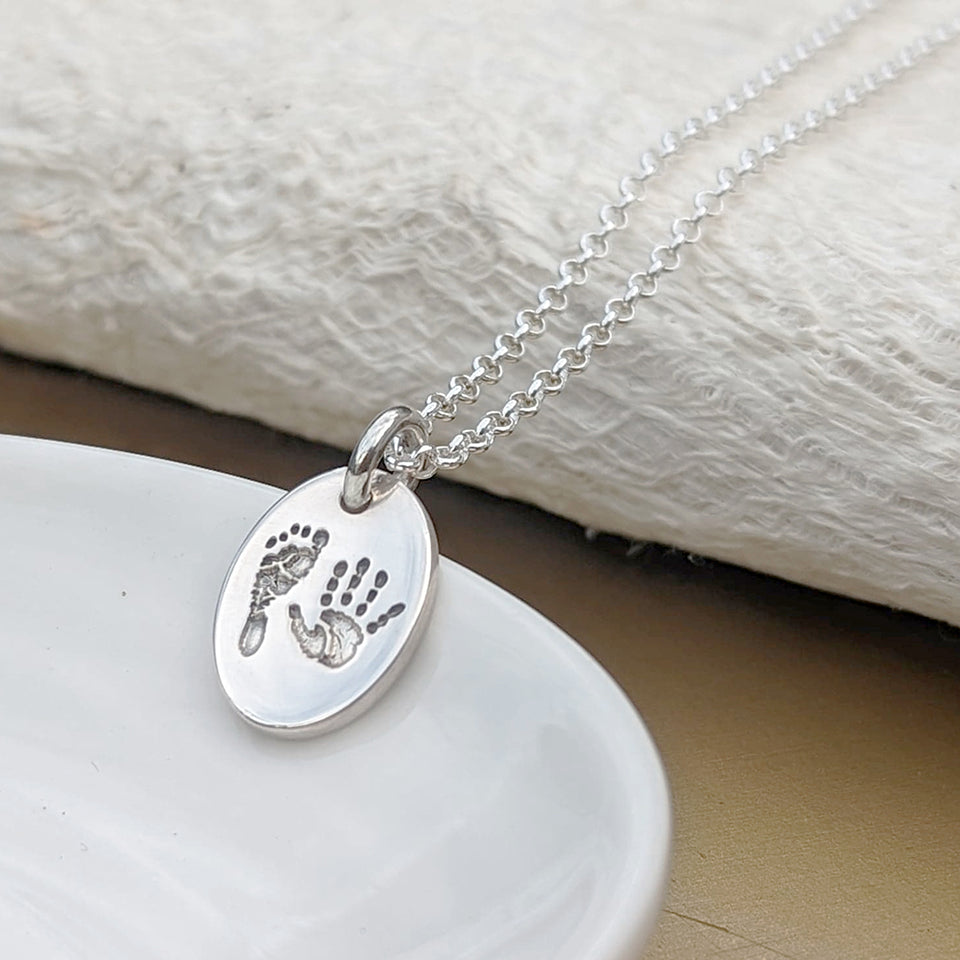 Baby Handprint and Footprint Oval Charm Necklace in Silver or Solid Gold