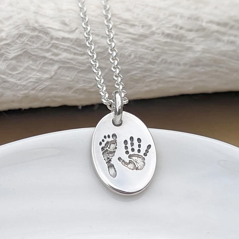 Baby Handprint and Footprint Oval Charm Necklace in Silver or Solid Gold