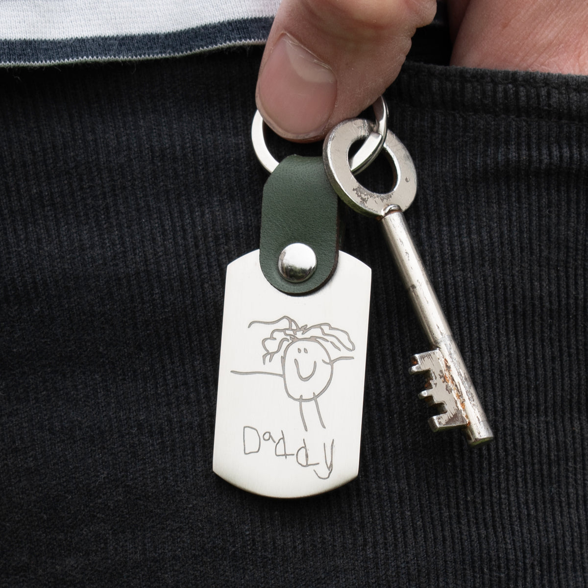 Personalised Child&#39;s Drawing Leather and Steel Keyring for Dad or Grandad