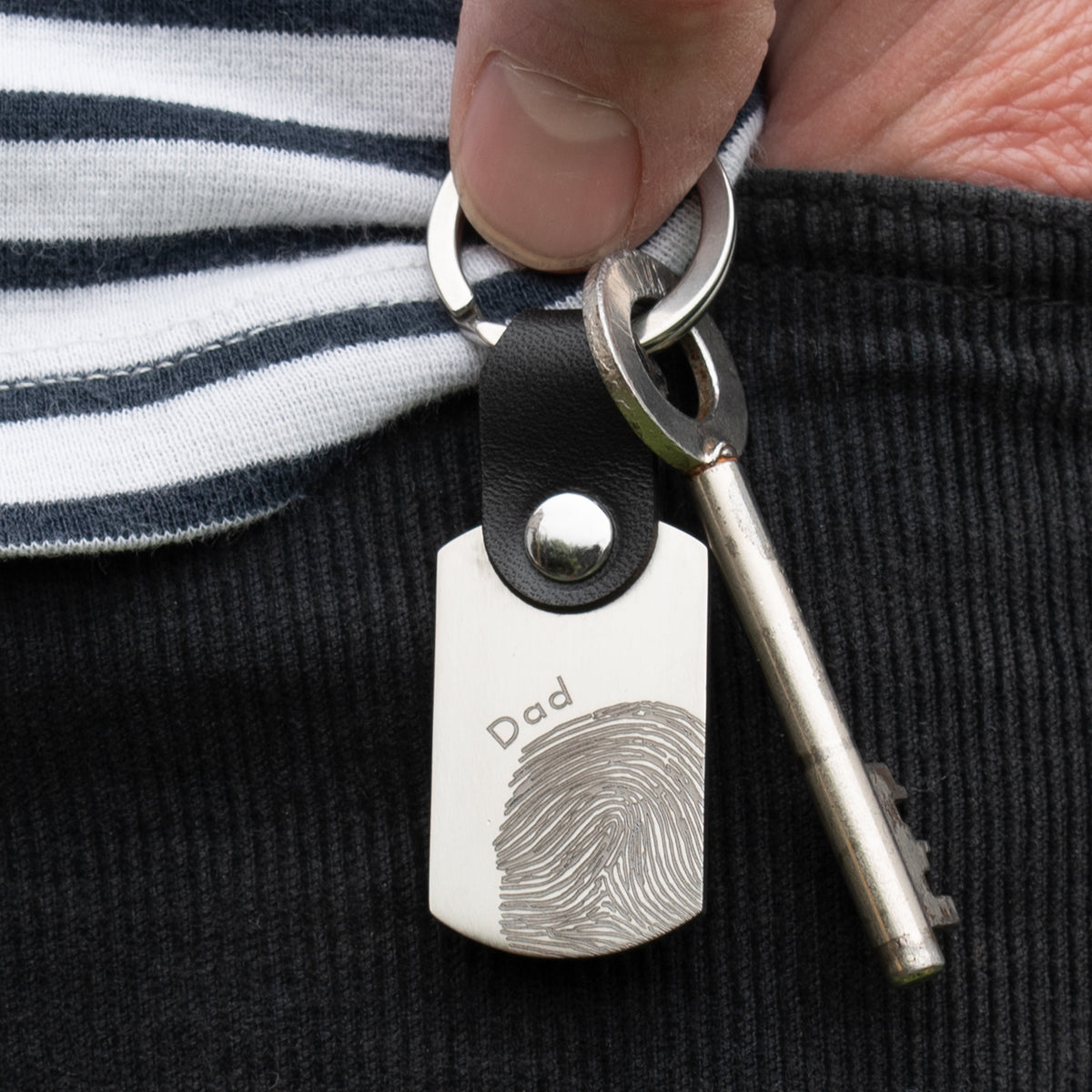 FINGERPRINT STEEL &amp; LEATHER KEYRING