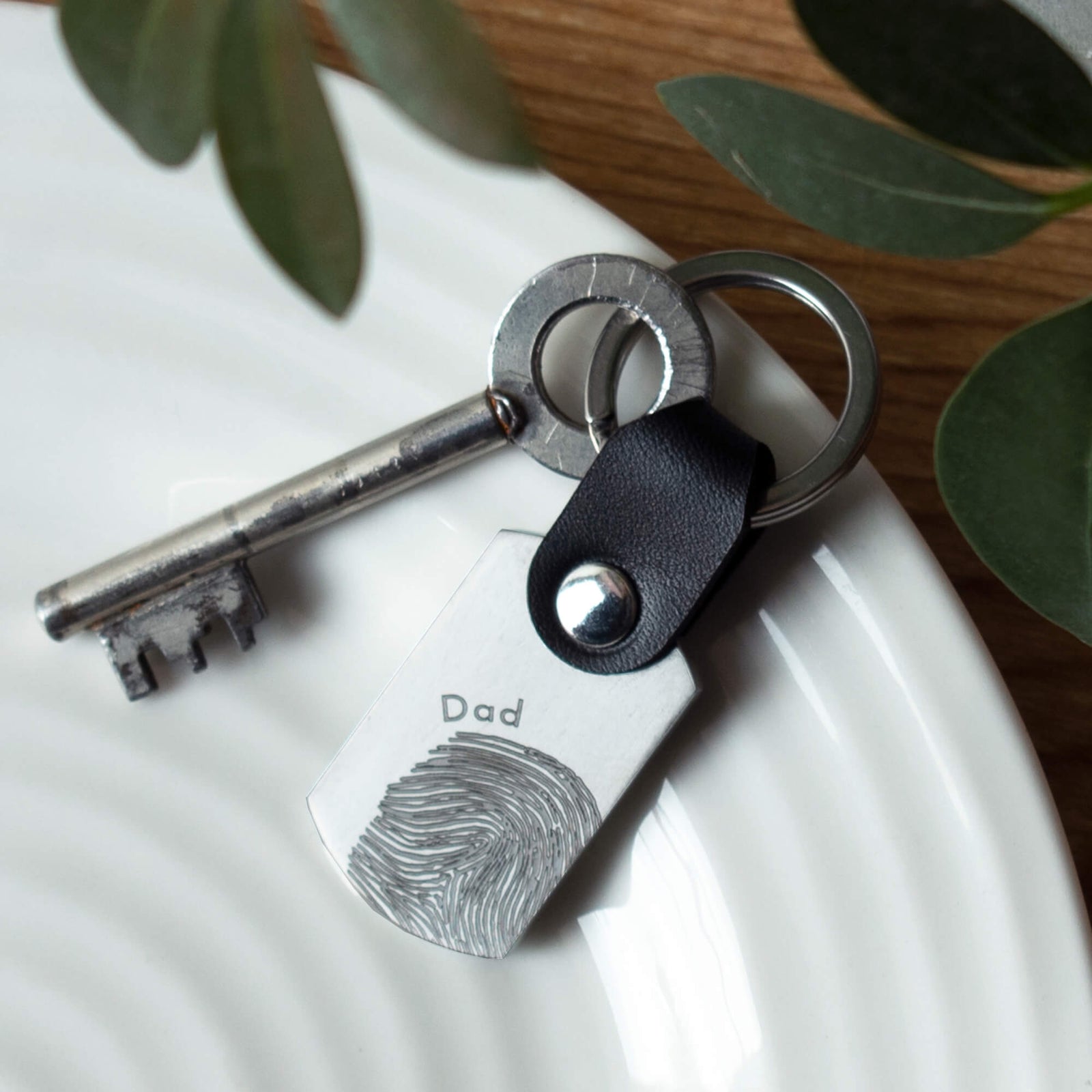 FINGERPRINT STEEL & LEATHER KEYRING