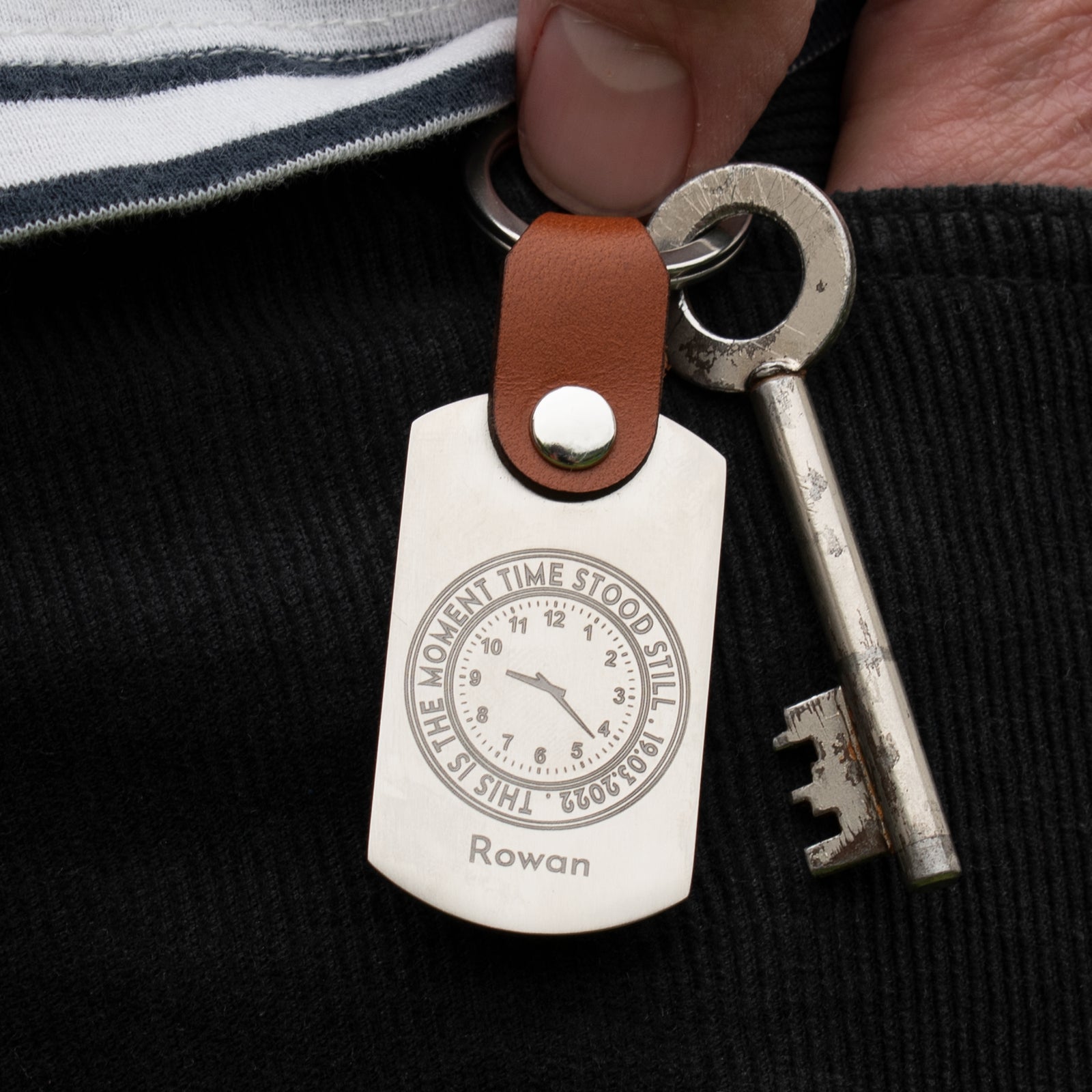 Personalised Time Stood Still Engraved Leather Key Ring
