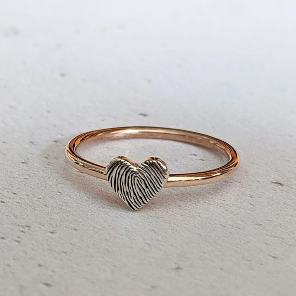 fingerprint tiny silver heart and rose gold ring