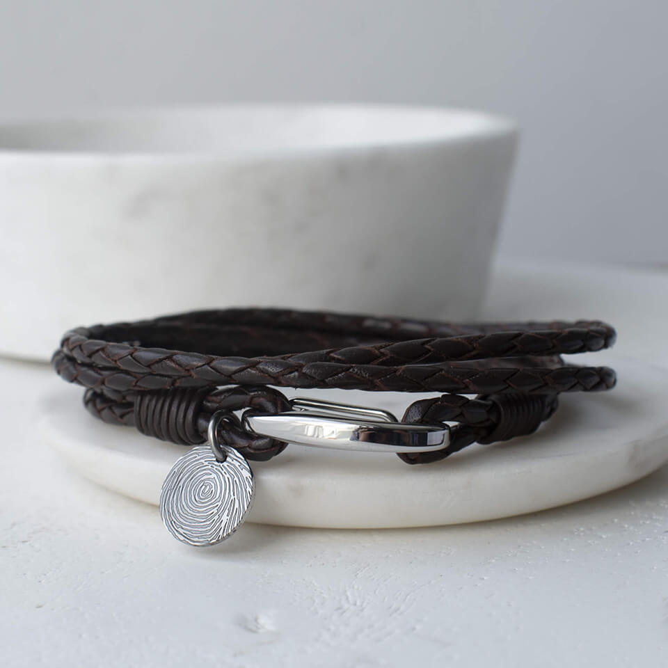 Men's leather braid bracelet with fingerprint charm for dad