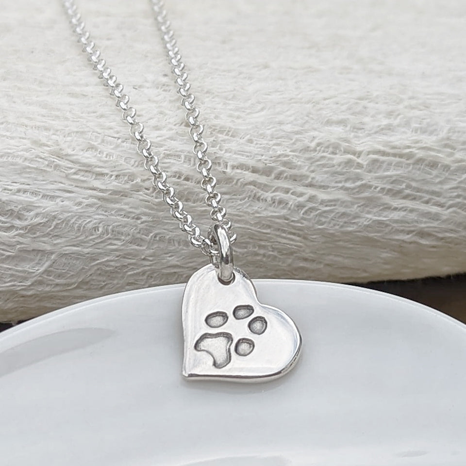 pet paw print silver heart charm necklace