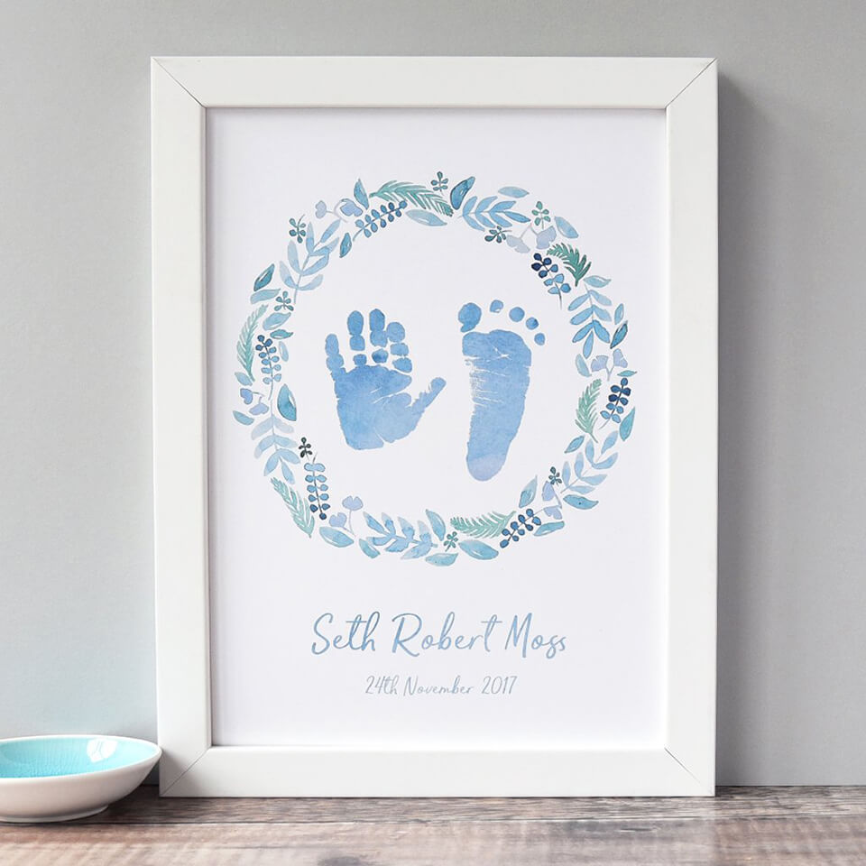 Personalised Baby Handprint and Footprint Art | Pink Wreath | Baby Girl Keepsake