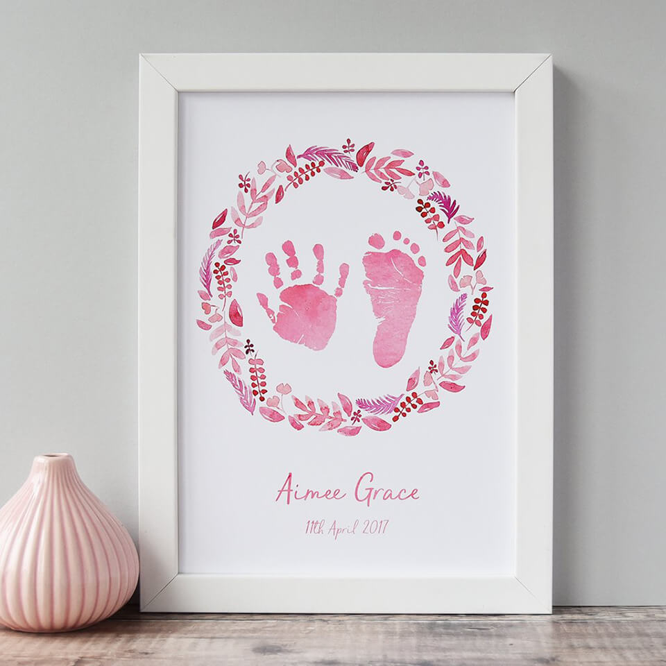 Personalised Baby Handprint and Footprint Art | Pink Wreath | Baby Girl Keepsake