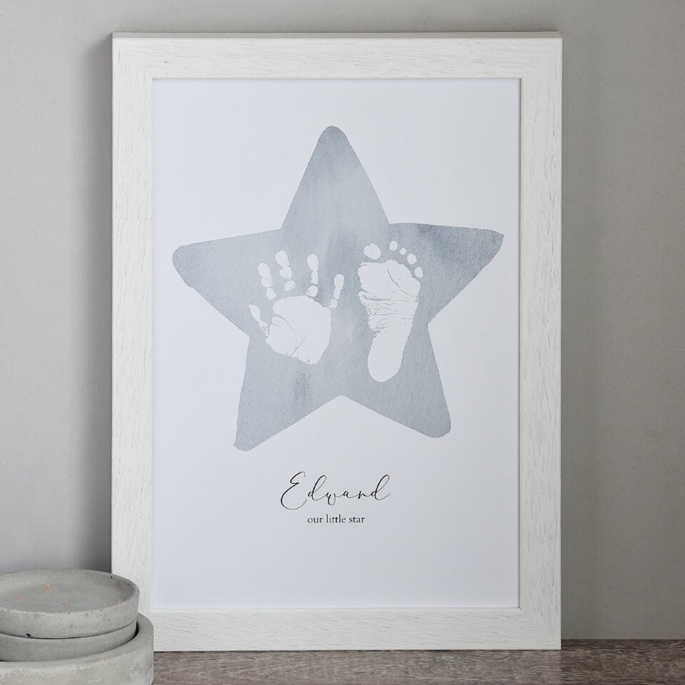 Personalised Baby Handprint and Footprint Art | Grey Star | New Baby Gift