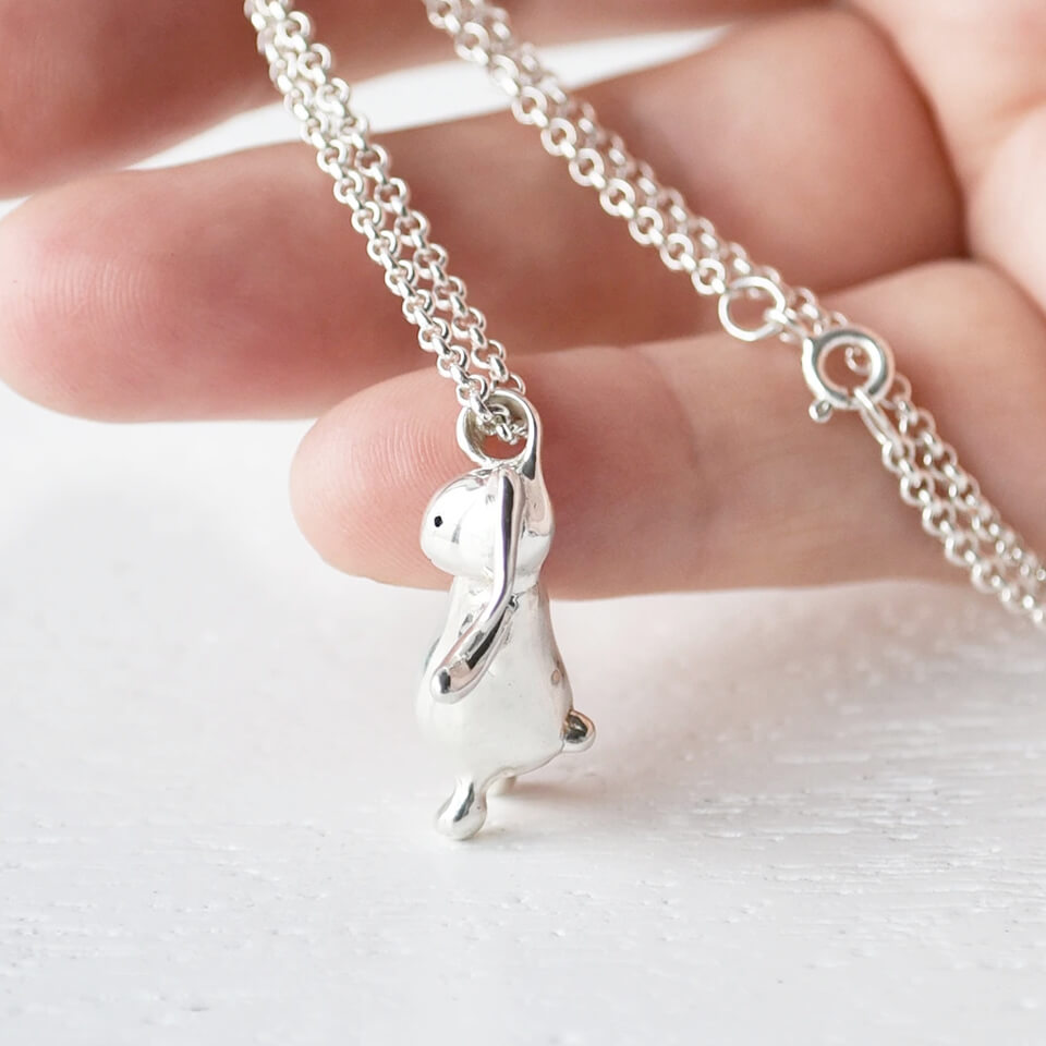 Personalised floppy bunny rabbit necklace in silver and gold