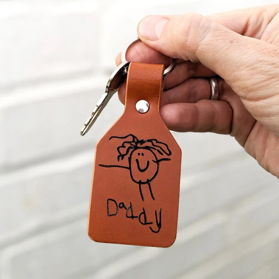 Personalised Child's Drawing Leather Keyring for Dad