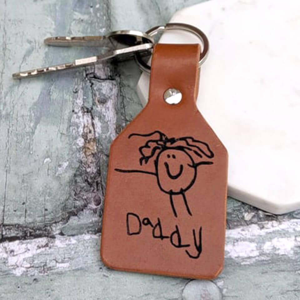 Personalised Child's Drawing Leather Keyring for Dad