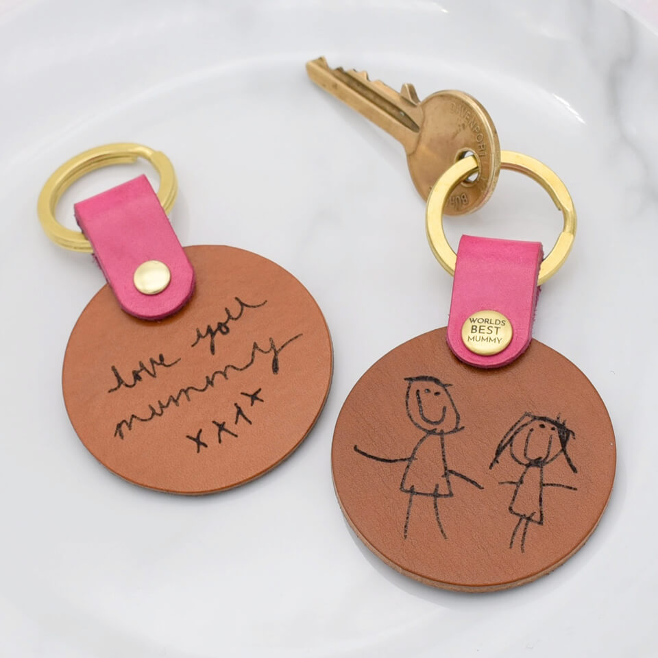 Perssonalised Child's Drawing Leather Keyring | Pink | Purple | Yellow