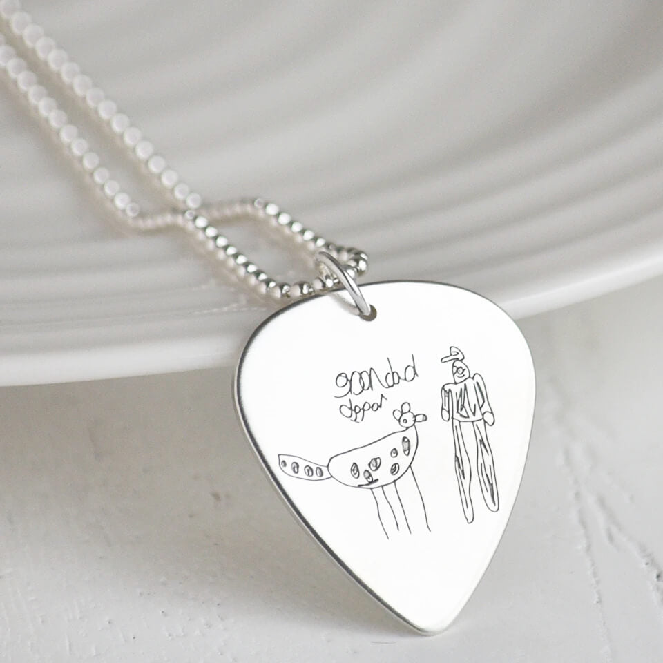 Personalised Childs Drawing Plectrum Necklace for Men in Silver or Gold