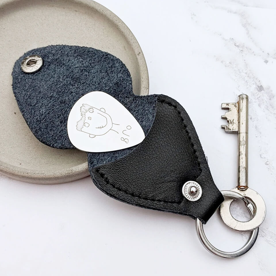 Personalised Child's Drawing Steel Plectrum Leather Case Keyring