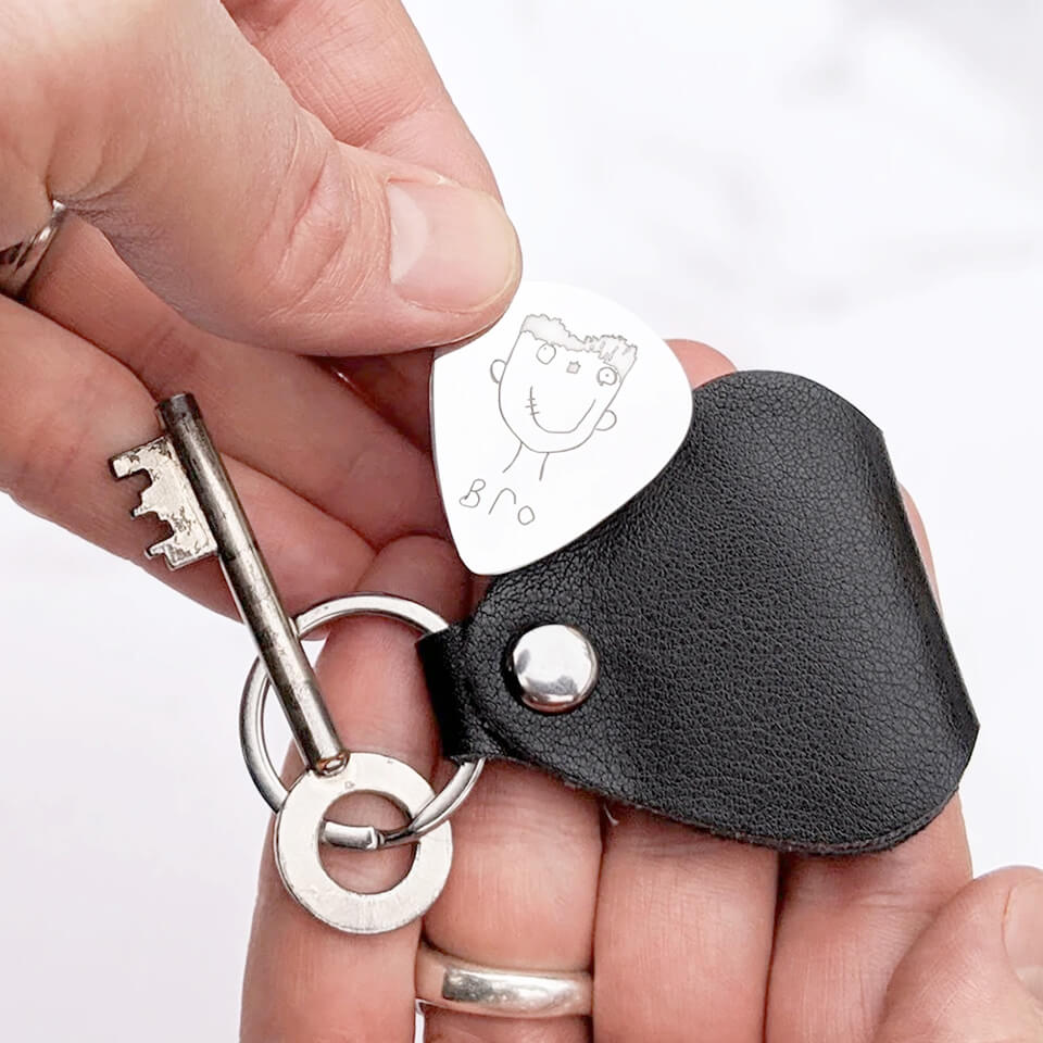 Personalised Child's Drawing Plectrum Leather Case Keyring for