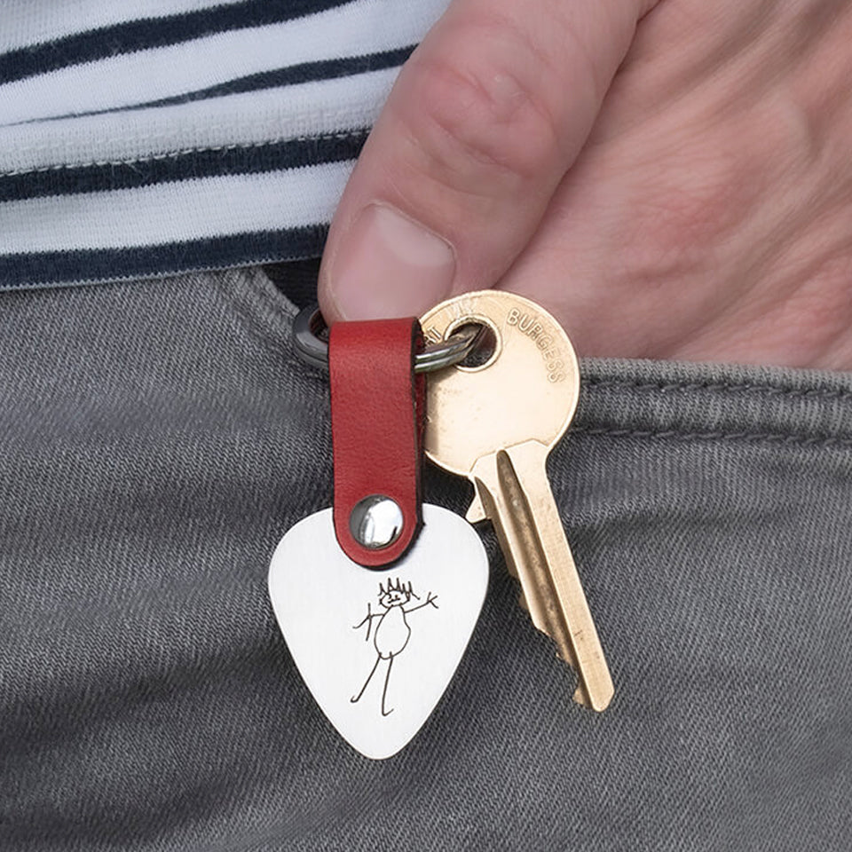 Personalised Child&#39;s Drawing Steel Plectrum and Leather Keyring for Dad