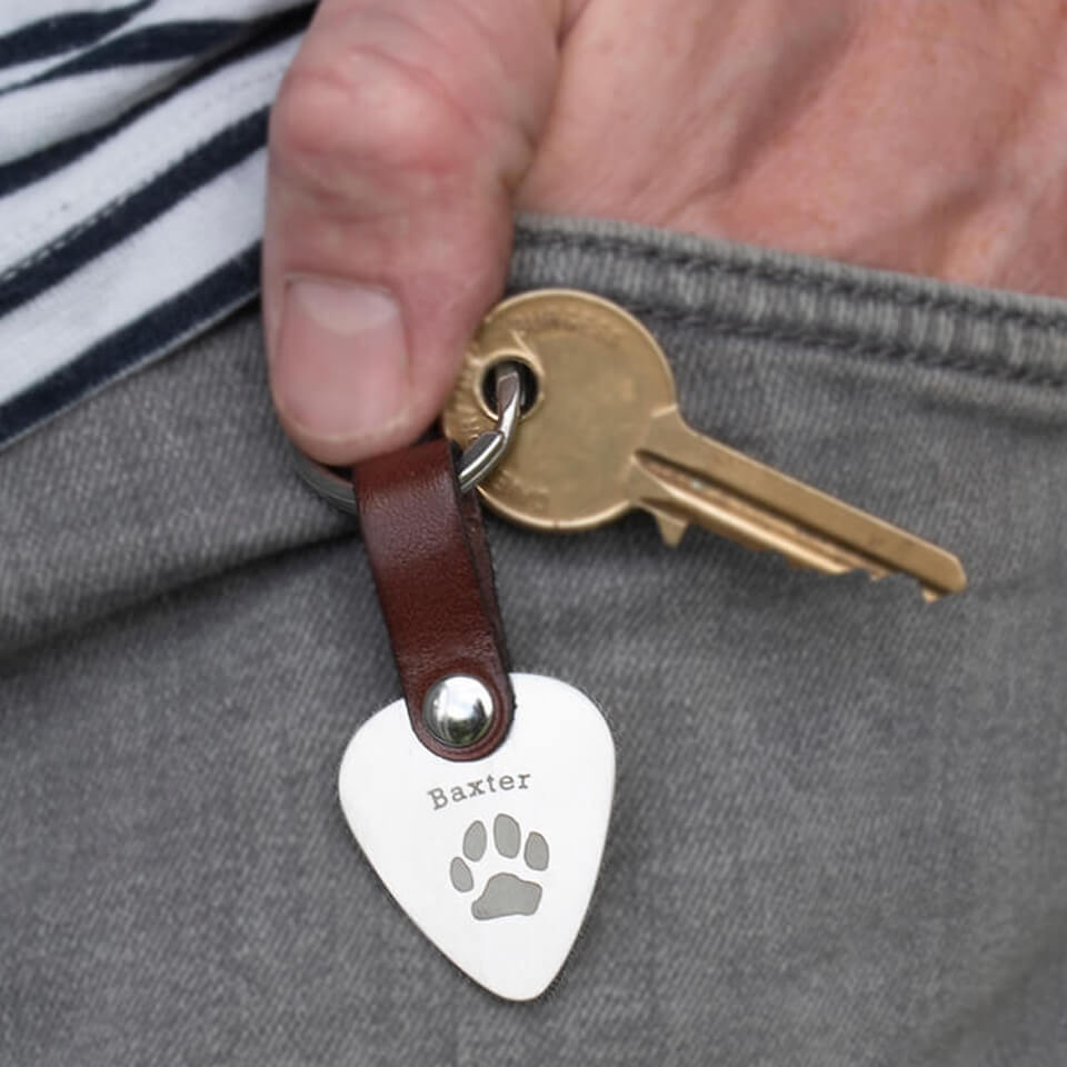 Personalised Pet&#39;s Pawprint Plectrum Keyring | Stainless Steel and Leather