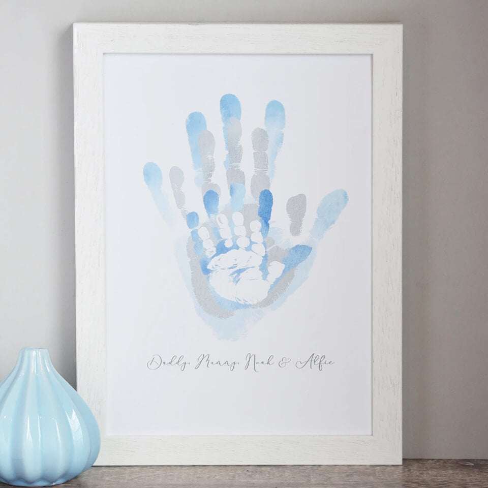 Personalised Family Handprint Art | Grey & Blue  | Four or Five Handprints