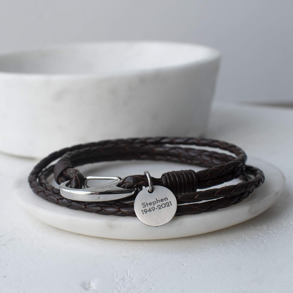 Men's leather wrap bracelet with fingerprint charm for grandad
