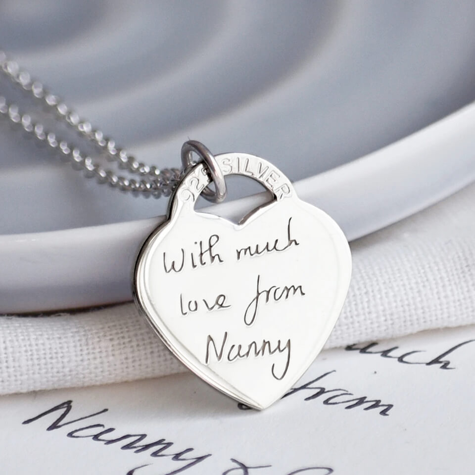 Personalised Own Handwriting Heart Charm Necklace in Silver or Gold