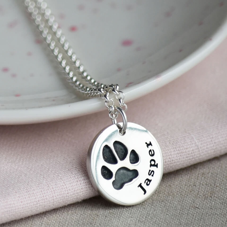 Personalised pet pawprint charm with name in silver or gold