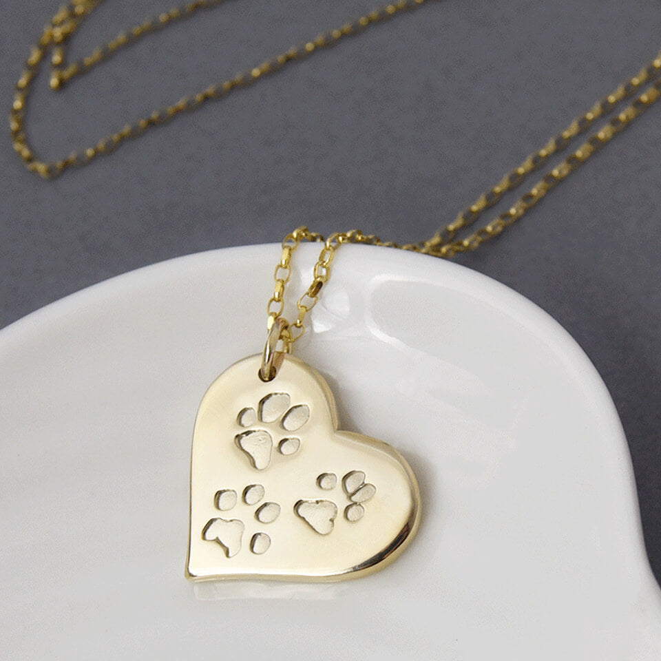 Personalised pets paw print heart necklace | cat and dog paws