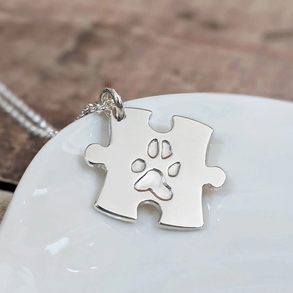 Personalised pets pawprint jigsaw puzzle necklace in silver or gold