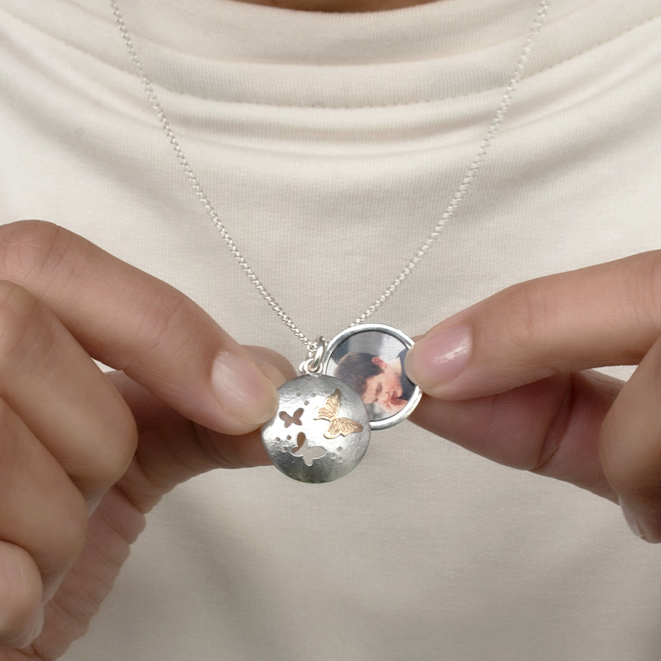 Personalised Photo Butterfly Locket Necklace Silver and Gold