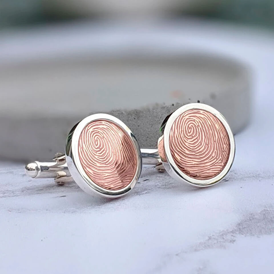 Copper &amp; Silver fingerprint cufflinks | 7th Wedding Anniversary Gift for Husband