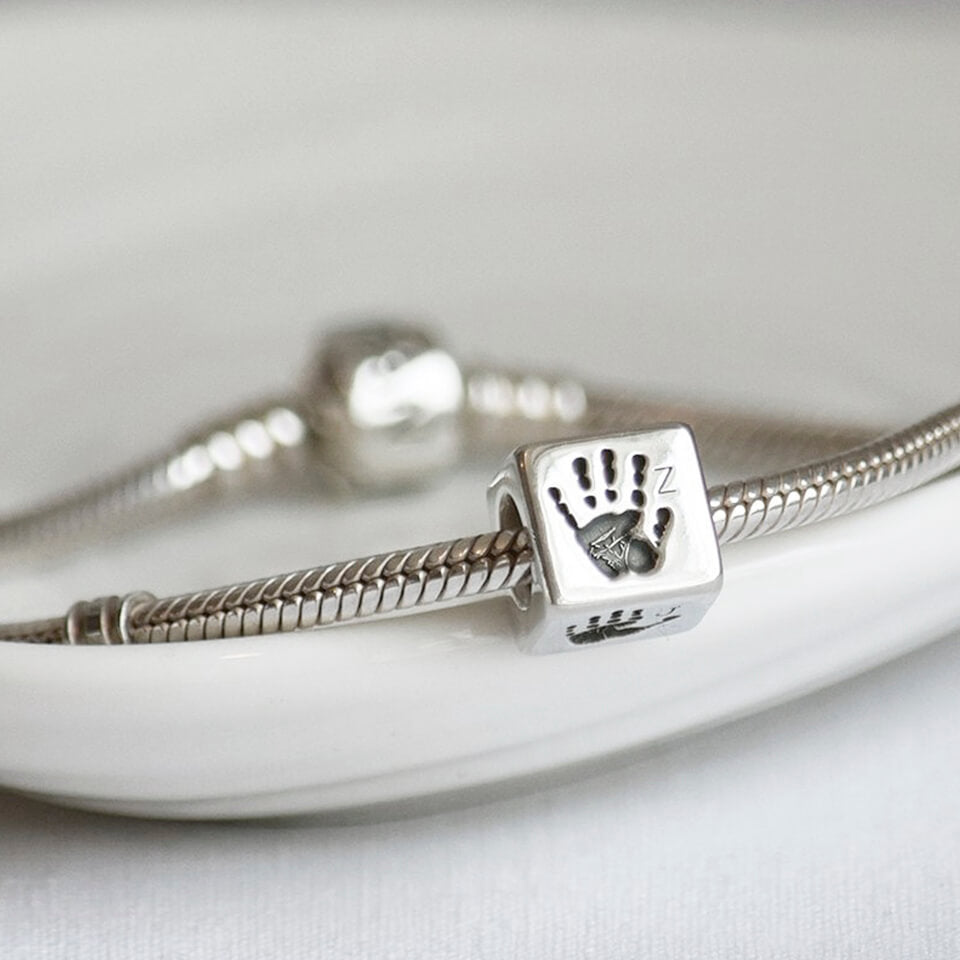 Silver Handprint and Footprint Memory Cube Bead Charm - fits pandora style bracelets