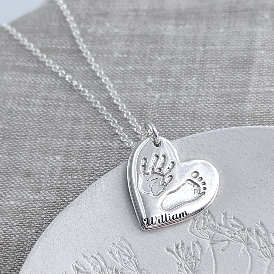 silver handprint footprint heart charm necklace
