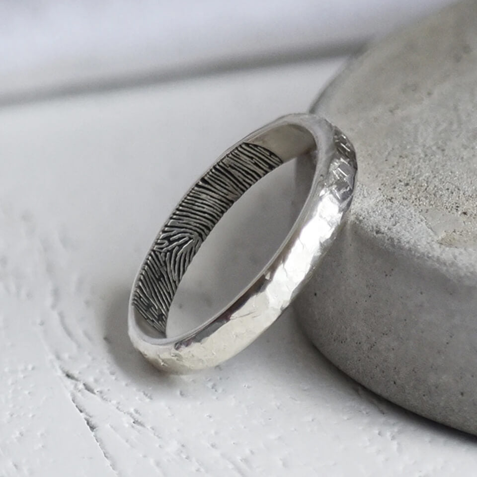 textured fingerprint wedding ring in silver or solid gold